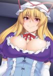 1girl big_breasts blonde_hair bow breasts bust cleavage corset dress elbow_gloves female gloves hat kupala large_breasts long_hair looking_at_viewer mob_cap purple_eyes smile solo touhou upper_body white_gloves yakumo_yukari