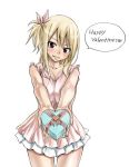 1girl blonde_hair blush box brown_eyes dress fairy_tail gift gift_box happy_valentine heart long_hair lucy_heartfilia mashima_hiro official_art ribbon side_ponytail smile solo speech_bubble valentine