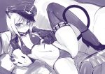  1girl animal_ears bikini blush breasts cat_ears cat_tail couch hat heinrike_prinzessin_zu_sayn-wittgenstein high_heels jacket leg_lift leg_up looking_at_viewer military_cap military_hat monochrome navel null_(nyanpyoun) rough shoes side-tie_bikini single_thighhigh sketch spread_legs stockings strike_witches swimsuit tail thighhighs 