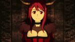 animated animated_gif big_breasts bouncing_breasts breasts cleavage gif horns large_breasts long_hair looking_at_viewer lowres maou_(maoyuu) maoyuu_maou_yuusha red_eyes red_hair smile solo standing talking