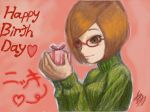 1girl bob_cut brown_eyes brown_hair ceramic_man gift glasses green_shirt happy_birthday lips medium_request nikki_(swapnote) red-framed_glasses ribbed_sweater shirt short_hair smile solo swapnote sweater turtleneck