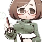 ! 1girl :o big_breasts blush bob_cut breasts brown_eyes brown_hair crab_man glasses large_breasts lowres nikki_(swapnote) nintendo paper pencil red-framed_glasses semi-rimless_glasses short_hair solo swapnote sweater