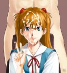 1boy 1girl asuka_langley_souryuu azasuke_wind blue_eyes bukkake cum cum_on_face facial male/female neon_genesis_evangelion orange_hair redhead smile smiling v