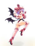 1girl ass back bat_wings blue_hair corset fangs female hat hat_ribbon high_heels highres kiyama_satoshi leotard looking_back nipples open_mouth ore_p-1_gou pink_legwear red_eyes remilia_scarlet ribbon shoes short_hair stockings thighhighs touhou wings wrestling_outfit