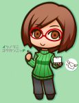 1girl artist_request brown_eyes brown_hair envelope glasses green_background handheld_game_console looking_at_viewer nikki_(swapnote) nintendo nintendo_3ds outline red-framed_glasses ribbed_sweater simple_background smile solo standing swapnote sweater tasogare_yanio tasoyani translation_request wings