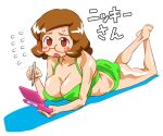  1girl :o ass bad_id barefoot bikini blush breasts brown_eyes brown_hair character_name cleavage glasses handheld_game_console huge_breasts ihatethisfs knees_apart_feet_together large_breasts lying nikki_(swapnote) nintendo_3ds on_stomach open_mouth red-framed_glasses semi-rimless_glasses short_hair solo stylus swapnote sweatdrop swimsuit translated 