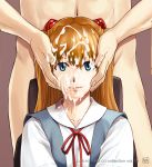 1boy 1girl asuka_langley_souryuu azasuke_wind blue_eyes bukkake cum cum_on_face facial neon_genesis_evangelion orange_hair smile smiling