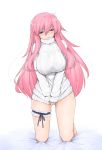 1girl baka_to_test_to_shoukanjuu blue_eyes blush breasts bunny female garters hair_ornament highres himeji_mizuki huge_breasts kneel kneeling large_breasts libre long_hair no_pants pink_hair purple_eyes simple_background smile solo sweater thighs turtleneck very_long_hair