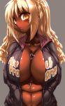  1girl alternate_breast_size blonde_hair breasts brown_eyes cleavage clothes_writing dark_skin ear_piercing ganguro grey_background hands_in_pockets heart heart_necklace huge_breasts jewelry lip_piercing long_hair looking_at_viewer minami-ke necklace nose_piercing older parted_lips piercing plump simple_background solo tokyo tokyo_(great_akuta) uchida_yuka yuka_uchida 