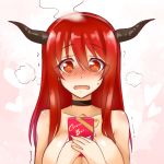 1girl big_breasts blush box breasts choker embarrassed fake_horns gift gift_box heart horns large_breasts long_hair looking_at_viewer maou_(maoyuu) maoyuu_maou_yuusha nude okitakung open_mouth red_eyes red_hair solo topless valentine wavy_mouth