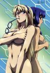  2_girls absurd_res andou_masahiro areola back-to-back big_breasts blonde_hair blue_hair blush breasts cleavage covering covering_breasts freezing_(series) glasses green_eyes hair hairband high_res long_hair looking_back mound_of_venus mouth_hold multiple_girls navel nude nude_cover official_art rana_linchen satellizer_el_bridget sideboob 