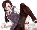  1girl angry blush brown_eyes brown_hair censored cum cum_in_pussy cum_inside glasses hitoriga long_hair lying panties pantyhose pantyhose_pull pussy scharfschutze sharufushuttse shirakawa_sumire solo spread_legs tears underwear 