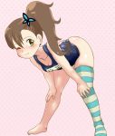  1girl barefoot bent_over brown_hair butterfly_hair_ornament chousoku_henkei_gyrozetter feet green_eyes hair_ornament hands_on_knees hands_on_own_knees inaba_rinne long_hair one-piece_swimsuit one_eye_closed school_swimsuit side_ponytail single_thighhigh solo stockings striped striped_legwear swimsuit teen tof translated wink young 