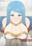  1girl 1girl 1girl absurd_res all_fours alluring bare_shoulders bed bedroom_eyes big_breasts blue_eyes blue_hair blush cleavage closed_mouth collarbone curtains dress eyelashes female_only fire_emblem fire_emblem_engage high_res imminent_sex indoors long_hair looking_at_viewer lumera_(fire_emblem) mature mature_female nintendo on_bed own_hands_together paid_reward_available shoulders sitting smile strapless strapless_dress sweat tak0baka wet white_dress 