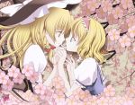  2_girls alice_margatroid arm arms art blonde blonde_hair blue_eyes braid cherry_blossoms dress eye_contact face-to-face female hair_ribbon hairband hand_holding hat incipient_kiss interlocked_fingers kirisame_marisa long_hair looking_at_another love maria-sama_ga_miteru multiple_girls parody ribbon short_hair smile style_parody tonmorokoshi touhou witch witch_hat yellow_eyes yuri 