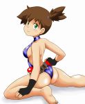 1girl aqua_eyes ass barefoot bikini breasts brown_hair choker dengeki!_pikachu fingerless_gloves gloves green_eyes gym_leader high_res highres kasumi_(pokemon) looking_back medium_breasts open_back pixiv_manga_sample poke_ball pokemon ponytail resized short_hair side_ponytail sideboob sitting sling_bikini smile solo swimsuit thong_bikini tof wetsuit