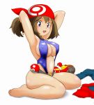 adjusting_hair alluring bandanna barefoot big_breasts blue_eyes breasts brown_hair cleavage cosplay dengeki!_pikachu erect_nipples haruka_(pokemon) high_res may may_(pokemon) navel open_mouth poke_ball pokemon ponytail sideboob sitting sling_bikini swimsuit tof underboob wariza