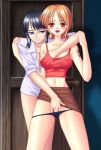 2girls black_hair black_panties blue_eyes breast_grab breasts grabbing hair hanaduka hanazuka_ryouji high_res highres long_hair multiple_girls nami nico_robin one_piece orange_eyes orange_hair panties panty_pull pencil_skirt pubic_hair short_hair skirt skirt_pull sleeves_rolled_up underwear yuri