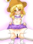 1girl blonde_hair blush censored erect_nipples eyes female hat moriya_suwako naughty_face nipples pussy pussy_juice pyonta shirt_lift short_hair shoushinmono solo spread_legs squatting stockings tanaka_ginji thighhighs tongue touhou