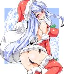 1girl ass black_panties blue_hair blush breasts covered_nipples erect_nipples female hat highres impossible_clothes kamishirasawa_keine panties red_eyes sack santa_costume santa_hat shoushinmono side-tie_panties solo tanaka_ginji touhou underwear