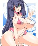  1girl asama_tomo bikini blue_hair breasts curvy erect_nipples female green_eyes groin heterochromia hips huge_breasts kneel kneeling kyoukai_senjou_no_horizon kyoukaisenjou_no_horizon long_hair long_nipples micro_bikini mound_of_venus nipples open_mouth puffy_nipples red_eyes shoushinmono solo string_bikini swimsuit tanaka_ginji thick_thighs thighs wide_hips 