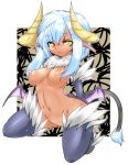 1girl :o arms_behind_back bangs blue_hair blue_legwear blush breasts choker dark_skin demon_girl demon_wings elbow_gloves embarrassed erect_nipples functionally_nude fur_trim gloves horns huge_nipples kneeling large_breasts long_hair long_nipples looking_at_viewer navel nipples nude original parted_bangs pointy_ears pussy shoushinmono solo spread_legs stockings surprised tail tanaka_ginji thighhighs uncensored white_hair wings yellow_eyes