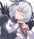  1girl akira02 akira_(coffee_curry) blush censored cum cum_string dress facial hairband handjob long_hair one_eye_closed penis purple_eyes rozen_maiden silver_hair solo_focus suigintou tears wince wings wink 