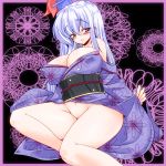 1girl blue_hair breasts cleavage erect_nipples female groin hat huge_breasts japanese_clothes kamishirasawa_keine kimono long_hair mound_of_venus navel no_panties open_clothes open_skirt pubic_hair red_eyes shoushinmono silver_hair sitting skirt solo tanaka_ginji thighs touhou