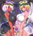  angel_halo angel_wings big_breasts big_penis breasts condom condom_filling condom_on_penis cum cum_in_condom dark_skin dickgirl dress dual_persona erection female futa_with_futa futanari gold_hair green_eyes heart penis red_eyes silver_hair smile urakata_(artist) 