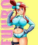 big_breasts blue_eyes breasts fuuro_(pokemon) gloves gym_leader large_breasts nipples pokemon red_hair salute smile tof