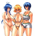  3_girls 3girls bikini blonde_hair blue_eyes blue_hair breasts crossover highleg highleg_bikini highleg_swimsuit huge_breasts igawa_sakura kasai_makoto kiryuu_kaede kyouiku_shidou mesu_kyoushi multiple_girls purple_eyes source_request swimsuit taimanin_asagi white_background wrato yellow_eyes 