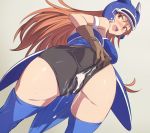 1girl akira02 armor ass black_panties blue_legwear blush brown_eyes brown_hair cameltoe cum cum_on_clothes daisy_(dq) dragon_quest dragon_quest_iii dragon_quest_yuusha_abel_densetsu gloves helmet long_hair looking_at_viewer looking_back open_mouth panties solo stockings underwear