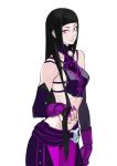  1girl alternate_hairstyle bare_shoulders black_hair breasts capcom hair_down han_juri kimuchi long_hair midriff nail_polish purple_eyes purple_nails sideboob smile solo street_fighter street_fighter_iv tetsu_(kimuchi) very_long_hair 