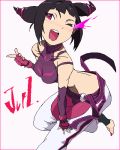  ;d black_hair border capcom character_name drill_hair fingerless_gloves gloves halter_top halterneck han_juri kon_(kdash) leaning_forward lowres oekaki one_eye_closed open_mouth pixel_art pointing pose purple_eyes red_border simple_background smile solo street_fighter street_fighter_iv super_street_fighter_iv text toeless_socks twin_drills violet_eyes white_background wink 