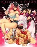  2girls :q bare_shoulders belt black_hair blonde_hair breasts bruise capcom cleavage collar cuffs denim denim_shorts dougi drill_hair femdom final_fight fingerless_gloves gloves halter_top halterneck handcuffs hat headband high_heels injury juri_han ken_masters long_hair midriff multiple_boys multiple_girls muscle nail_polish navel pink_hair poison_(final_fight) ryu ryuu_(street_fighter) shoes short_hair shorts street_fighter street_fighter_iv street_fighter_x_tekken super_street_fighter_iv tongue tongue_out twin_drills xxxxchild 