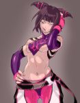 :q abs areola_slip areolae breasts brown_hair cameltoe capcom decko drill_hair fingerless_gloves gloves halter_top halterneck juri_han nail_polish naughty_face navel nipples pink_nails purple_eyes solo street_fighter street_fighter_iv tongue tongue_out twin_drills