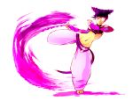 barefoot black_hair breasts capcom detached_sleeves drill_hair elbow_gloves feet fighting_stance fingerless_gloves gloves glowing glowing_eye halter_top halterneck juri_han midriff nail_polish navel pink_eyes purple_nails short_hair short_twintails smile solo street_fighter street_fighter_iv toeless_socks toes twin_drills twintails