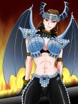  alluring bat_wings brown_eyes brown_hair cleavage denus evil_spirit_princess_denus female_abs fiery fire headdress iwa katchi kyuukyuu_sentai_gogofive leather_pants psyma_clan seductive shoulder_pads skimpy super_sentai vampiress voluptuous 