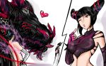 bayonetta bayonetta_(character) black_hair blossomppg capcom crossover detached_sleeves dragon drill_hair elbow_gloves fingerless_gloves gloves gomorrah_(bayonetta) halter_top halterneck han_juri heart horns lips long_hair multiple_girls navel one_eye_closed pink_eyes size_difference street_fighter street_fighter_iv sweatdrop twin_drills very_long_hair wink