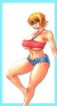  bare_shoulders big_breasts blonde_hair blue_eyes breasts criss-cross_halter cutoffs denim denim_shorts halter_top halterneck igawa_sakura large_breasts midriff navel open_fly open_mouth short_hair shorts solo taimanin_asagi thick_thighs thighs unbuttoned underboob wrato 