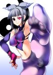 ahen artist_request black_hair bracelet capcom crotch_seam detached_sleeves drill_hair elbow_gloves erect_nipples feet fingerless_gloves gloves halter_top halterneck han_juri jewelry leg_lift leg_up legs midriff no_panties pantyhose pov_feet purple_eyes purple_legwear solo spiked_bracelet spikes street_fighter street_fighter_iv super_street_fighter_iv thighs twin_drills