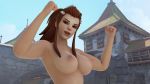  16:9_aspect_ratio 1girl 3d breasts brigitte_(overwatch) brigitte_lindholm brown_eyes brown_hair eichenwalde_(map) erect_nipples female_only high_resolution looking_at_viewer nipples overwatch the_halfmexican 