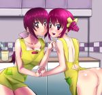 2girls :d apron ass blush breasts female hair hand_holding hoshizora_ikuyo hoshizora_miyuki kitchen long_hair looking_at_viewer mother_and_daughter multiple_girls naked_apron ponytail precure purple_eyes purple_hair pussy short_hair skyofgs smile smile_precure smile_precure! uncensored