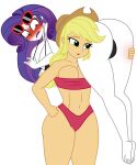  2_girls applejack applejack_(mlp) bikini blonde_hair carrying embarrassed equestria_girls gigantic_ass gigantic_breasts green_eyes hourglass_figure humanized lesbian mashoart my_little_pony purple_eyes purple_hair rarity rarity_(mlp) sunglasses wife_and_wife yuri 