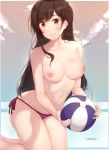  1girl 1girl 1girl areola artist_name ball bangs beachball bikini blush breasts brown_eyes brown_hair clavicle eyebrows_visible_through_hair high_resolution holding holding_ball holding_object kanojo_okarishimasu kimoshi kneel long_hair looking_at_viewer medium_breasts mizuhara_chizuru navel nipples pink_bikini side-tie_bikini sky smile swept_bangs swimsuit topless very_long_hair 