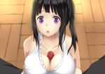 1girl bare_shoulders black_hair breast_squeeze breasts censored chitanda_eru cleavage hyouka long_hair looking_at_viewer open_mouth paizuri penis ponytail purple_eyes spread_legs swimsuit