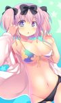  +_+ 1girl big_breasts bikini blue_eyes blush bow breasts groin hair_bow hibari_(senran_kagura) jacket ku--ma large_breasts lowleg lowleg_panties mound_of_venus navel open_mouth panties pink_hair ribbon roxq senran_kagura senran_kagura_(series) short_hair short_twintails solo standing swimsuit symbol-shaped_pupils track_jacket twin_tails twintails underwear 