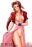 1girl aerith_gainsborough breasts brown_hair dress final_fantasy final_fantasy_vii green_eyes jacket long_dress long_hair nipples pink_dress renn solo white_background