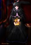 1girl black_eyes black_hair book candle cross curtains dress es_(glasscastle) long_hair original renn short_hair signature sitting solo