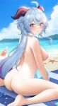 1girl 1girl 1girl ahoge ass beach beach_towel big_breasts bikini blue_hair blue_sky blush breasts clothing completely_nude day erect_nipples female_only fukuro_ko_(greentea) ganyu_(genshin_impact) genshin_impact high_resolution horns large_ass large_filesize light-skinned long_hair looking_at_viewer nipples nude outdoor_nudity outside paid_reward pink_nipples purple_eyes sand sitting sky starfish swimsuit towel very_high_resolution very_long_hair water